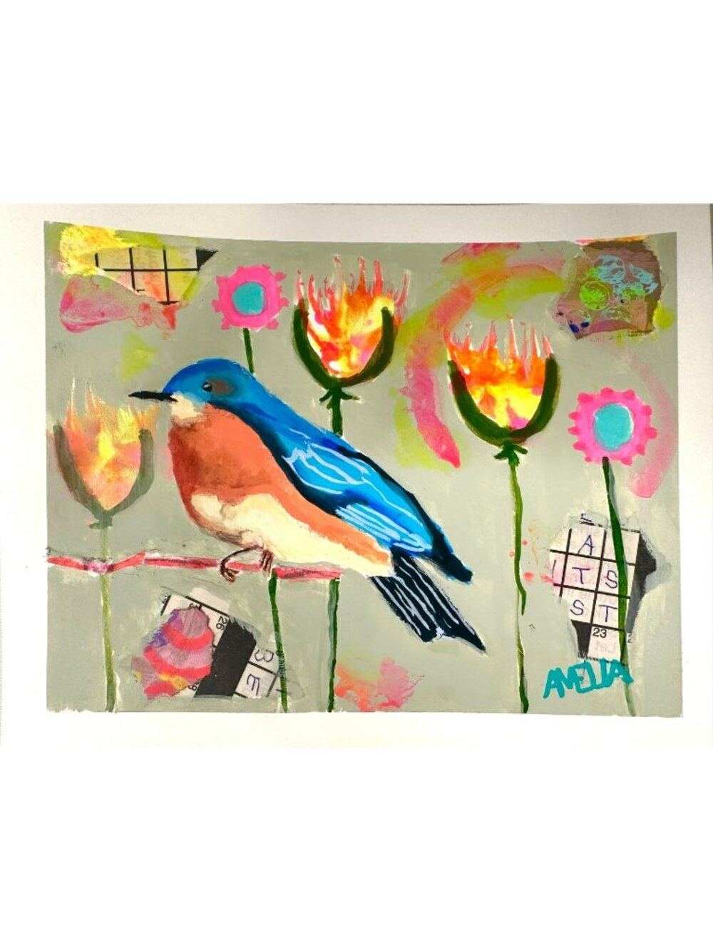 Original Art Bird Painting Bluebird OOAK Dreamscape Colorful Outsider Folk